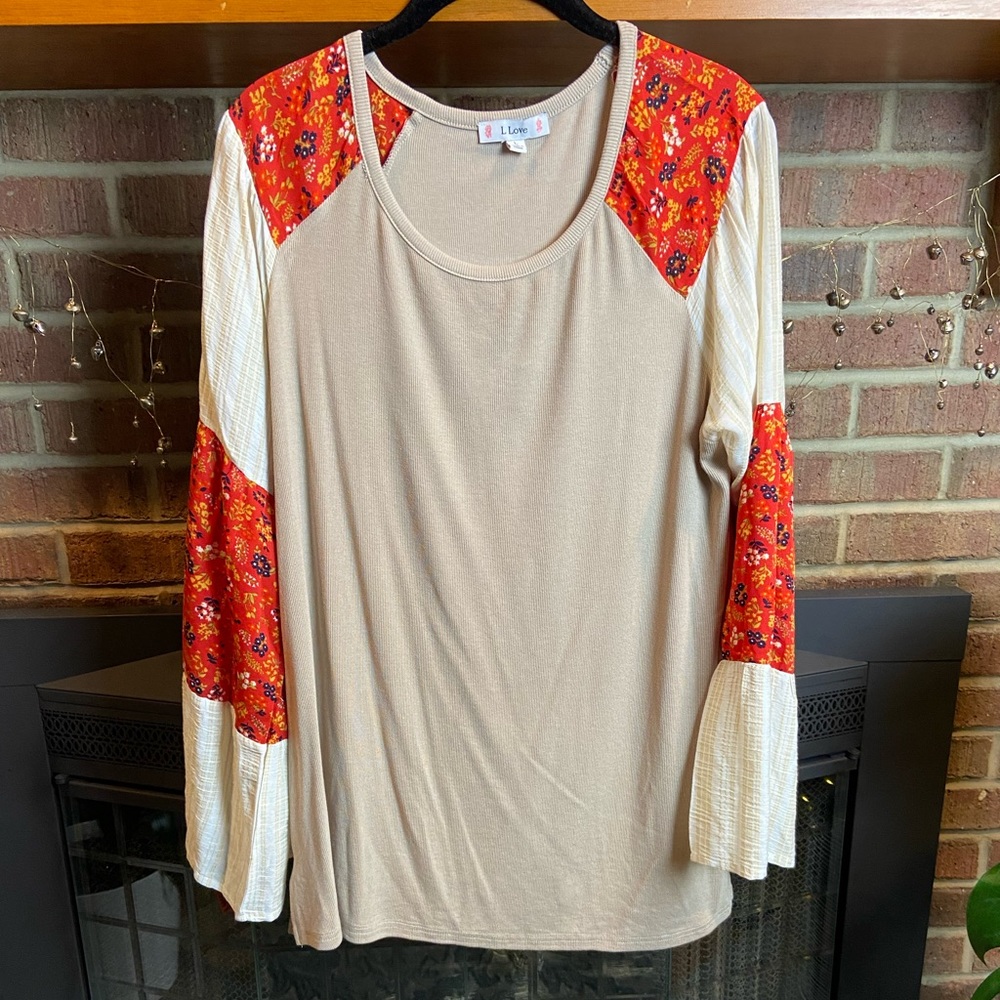 Wide Sleeve Floral And Knit Top, Size L